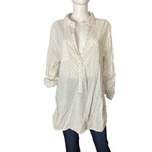 Subtle Luxury White Cotton Multicolor Dot Popover Tunic Top Size L XL